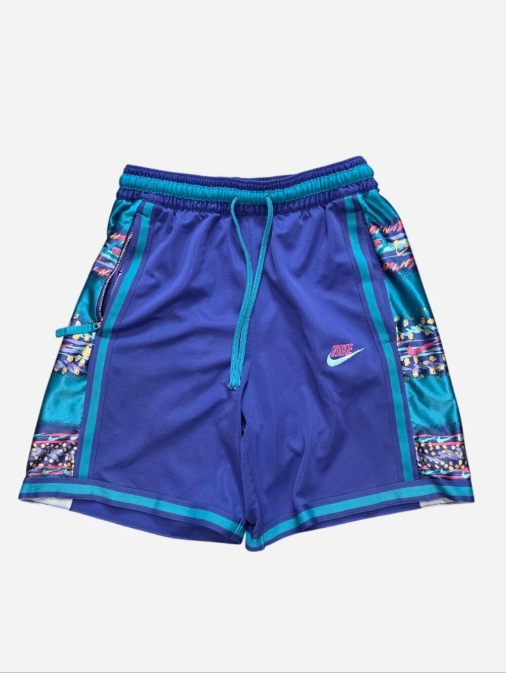 Nike Men’s Purple Athletic Shorts with Teal Trim and 90s Patterned Panels